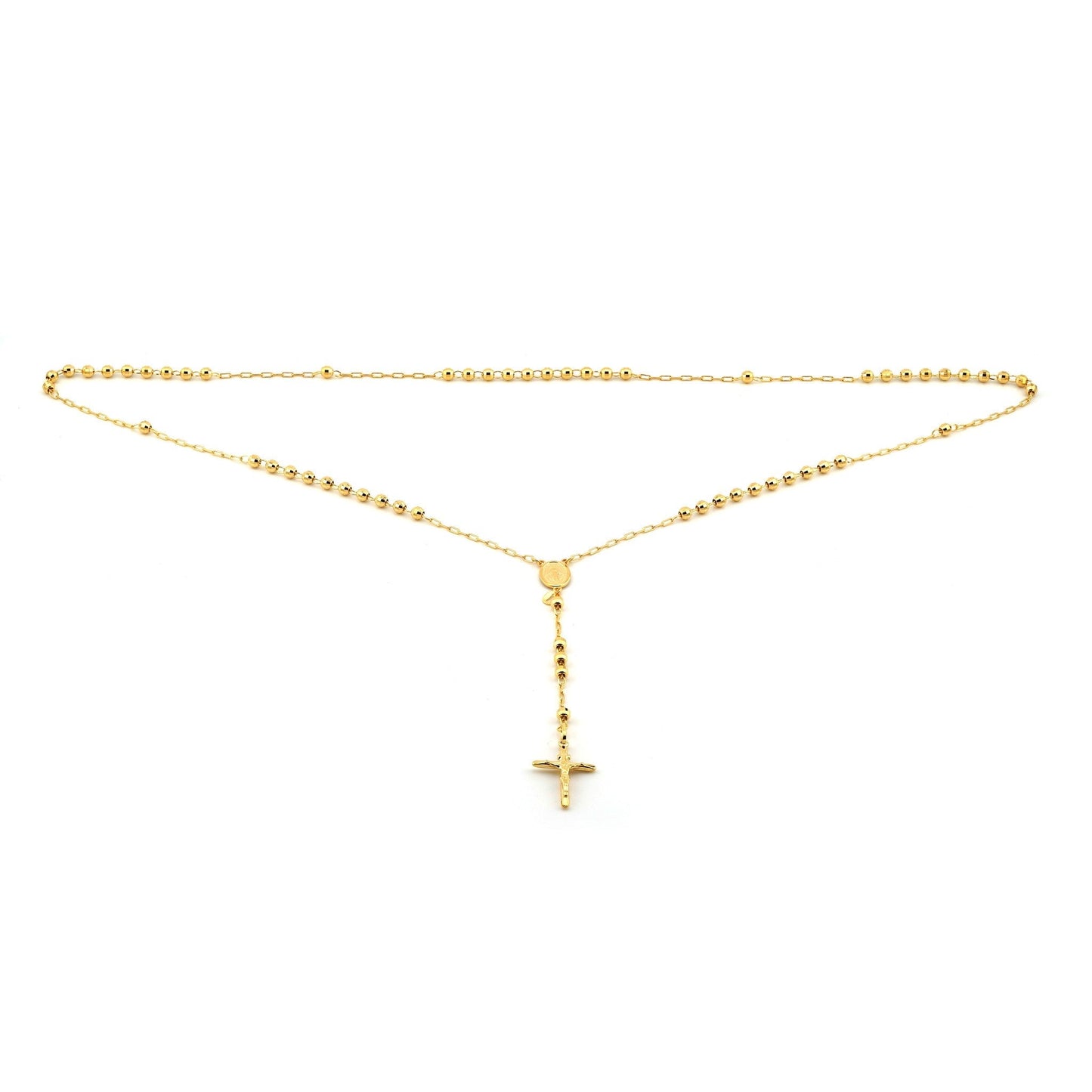 14K Yellow Gold Beaded Station Chain with Cross, 26 Inch – detail view | RockHer