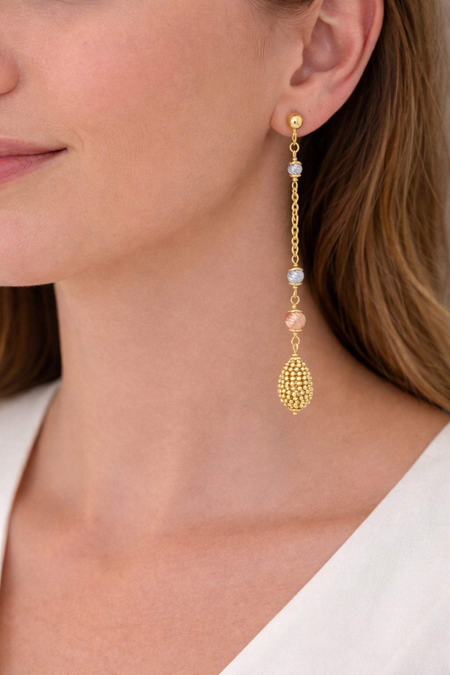 14K Tri-Color Gold Drop Earrings – detail view | RockHer
