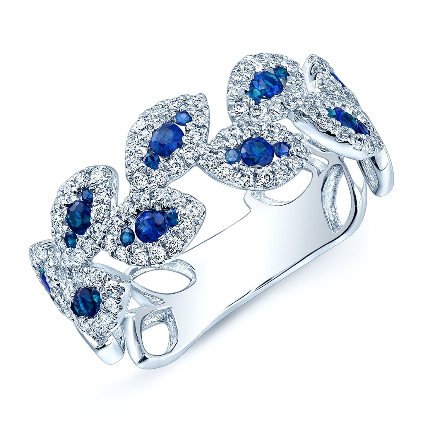Sapphire And Diamond Floral Leaf Band, in 14K White Gold – side profile | RockHer