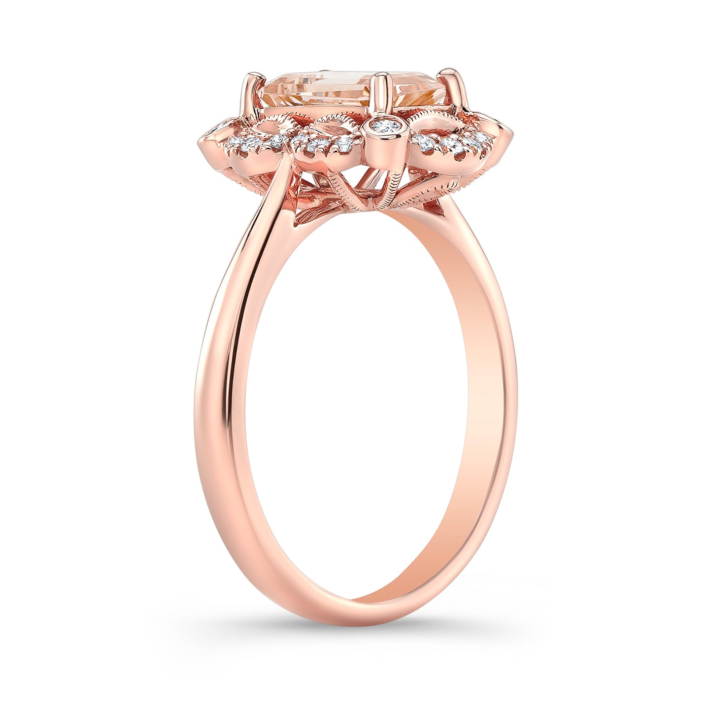 Emerald Cut Morganite Scalloped Framed Ring 14k Rose Gold 0.14ctw – side profile | RockHer