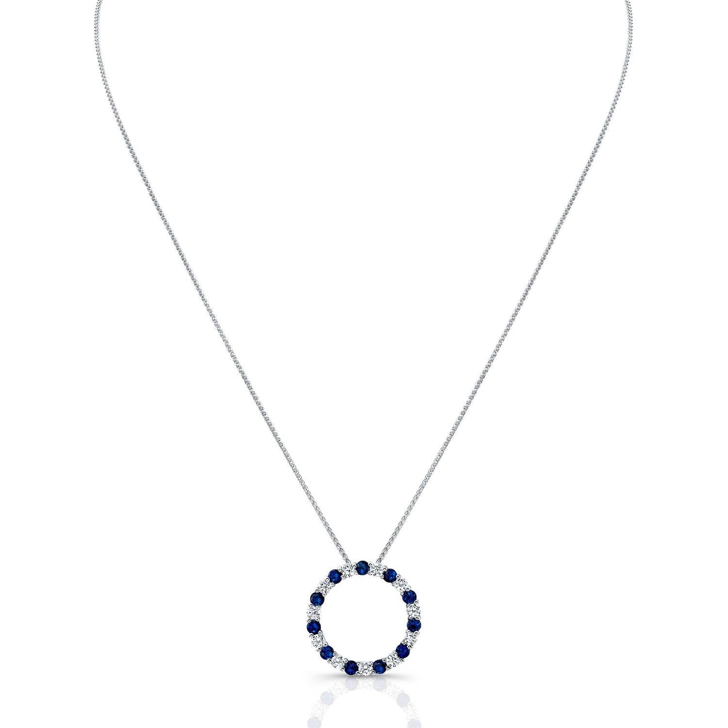 Sapphire And Diamond Circle Pendant In 14k White Gold 17-inch Chain