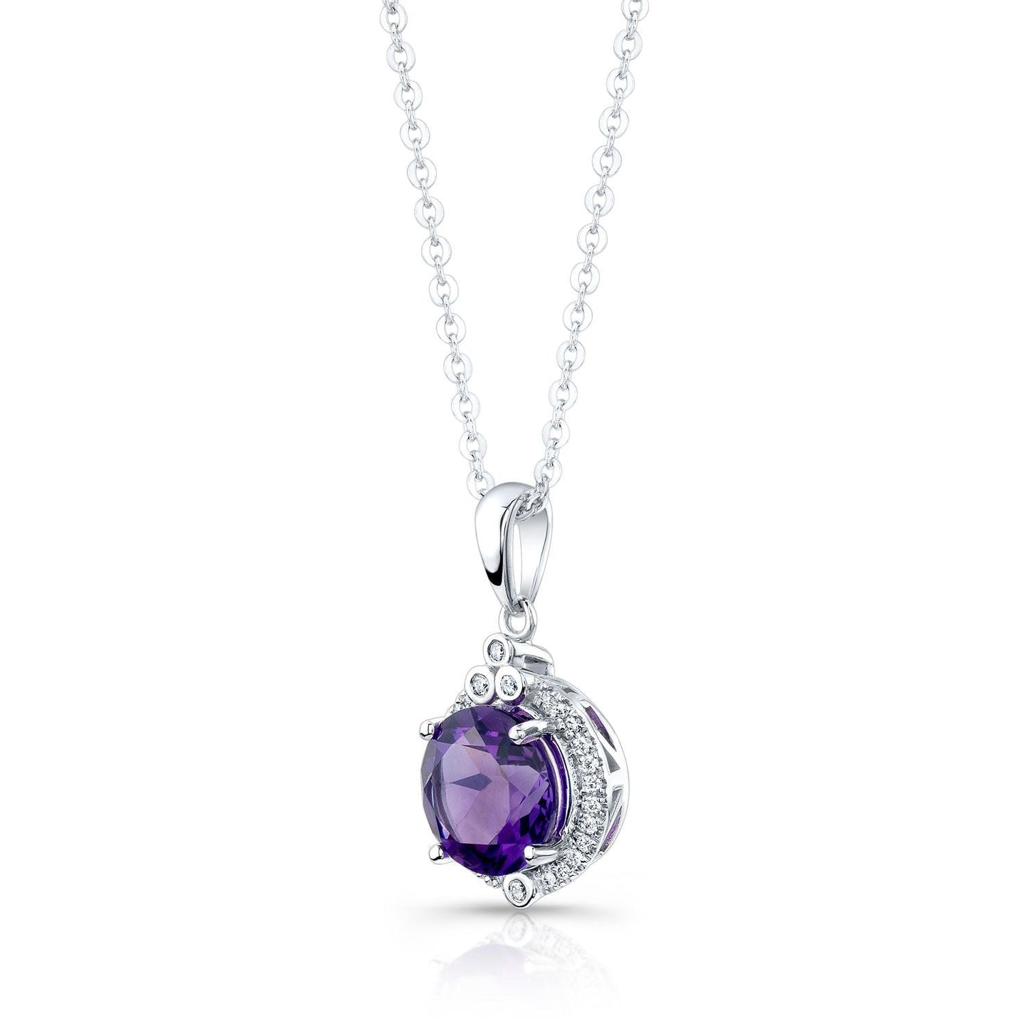 Amethyst Round Brilliant Halo Pendant in 14K White Gold – side profile | RockHer