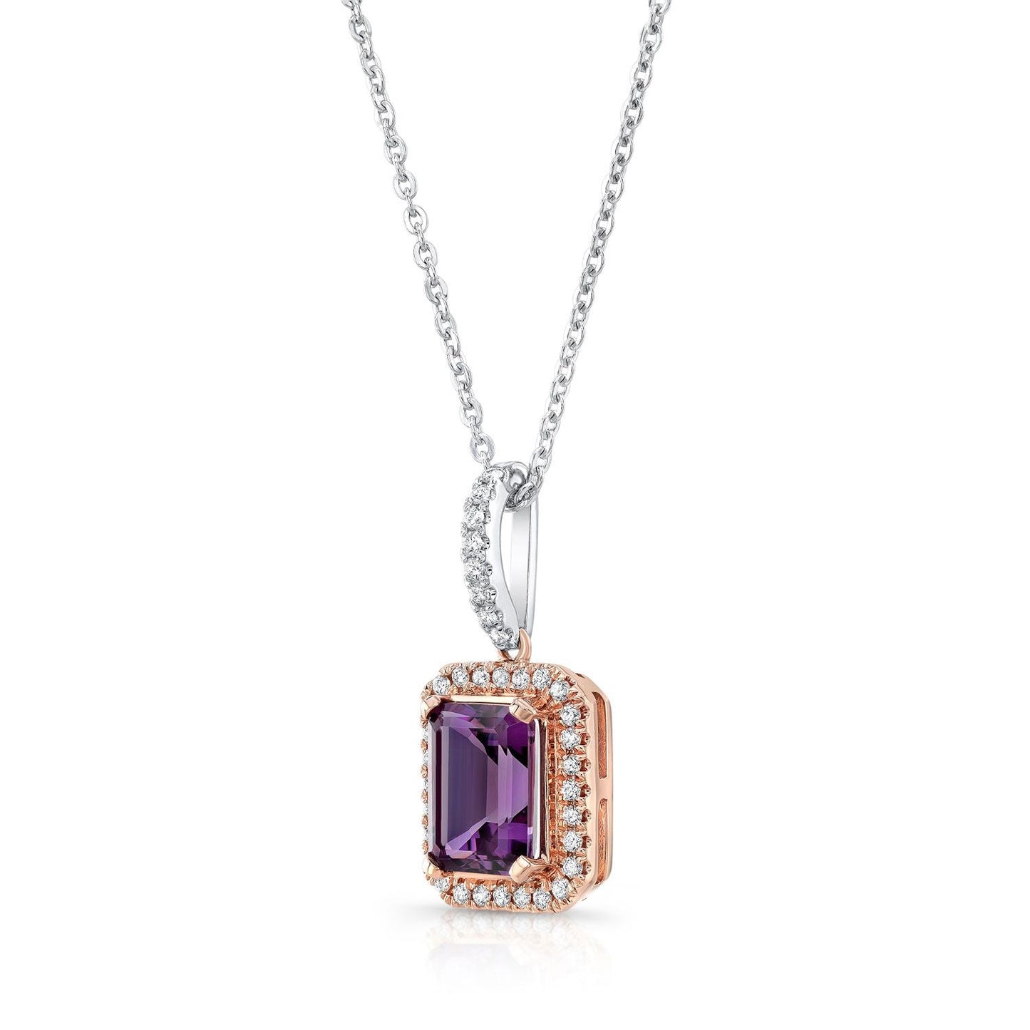 Amethyst And Diamond Emerald-cut Halo Pendant In 14k Two Tone Gold (8x6mm Center) – side profile | RockHer