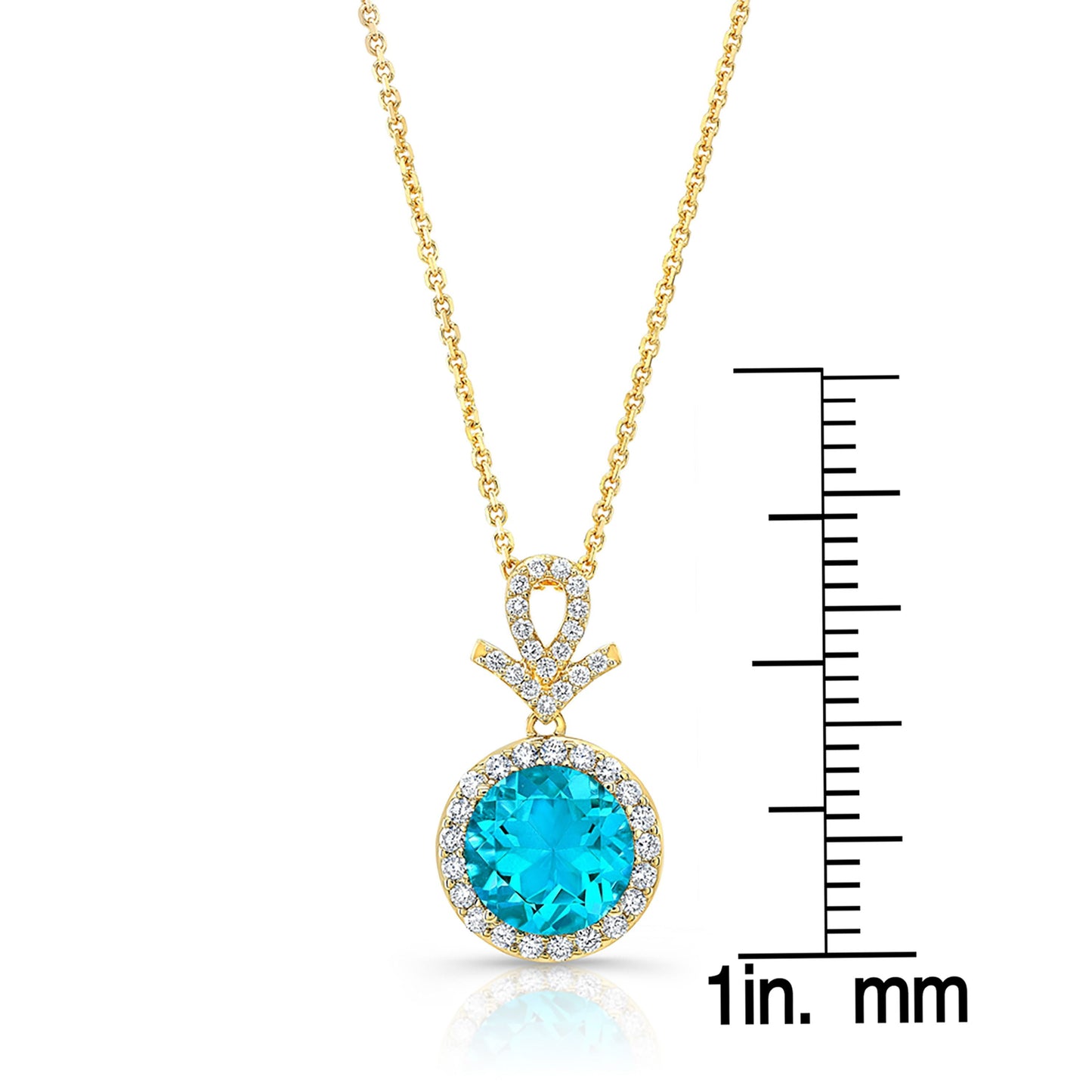 Swiss Blue Topaz Halo Pendant in 14K Yellow Gold – scale reference | RockHer