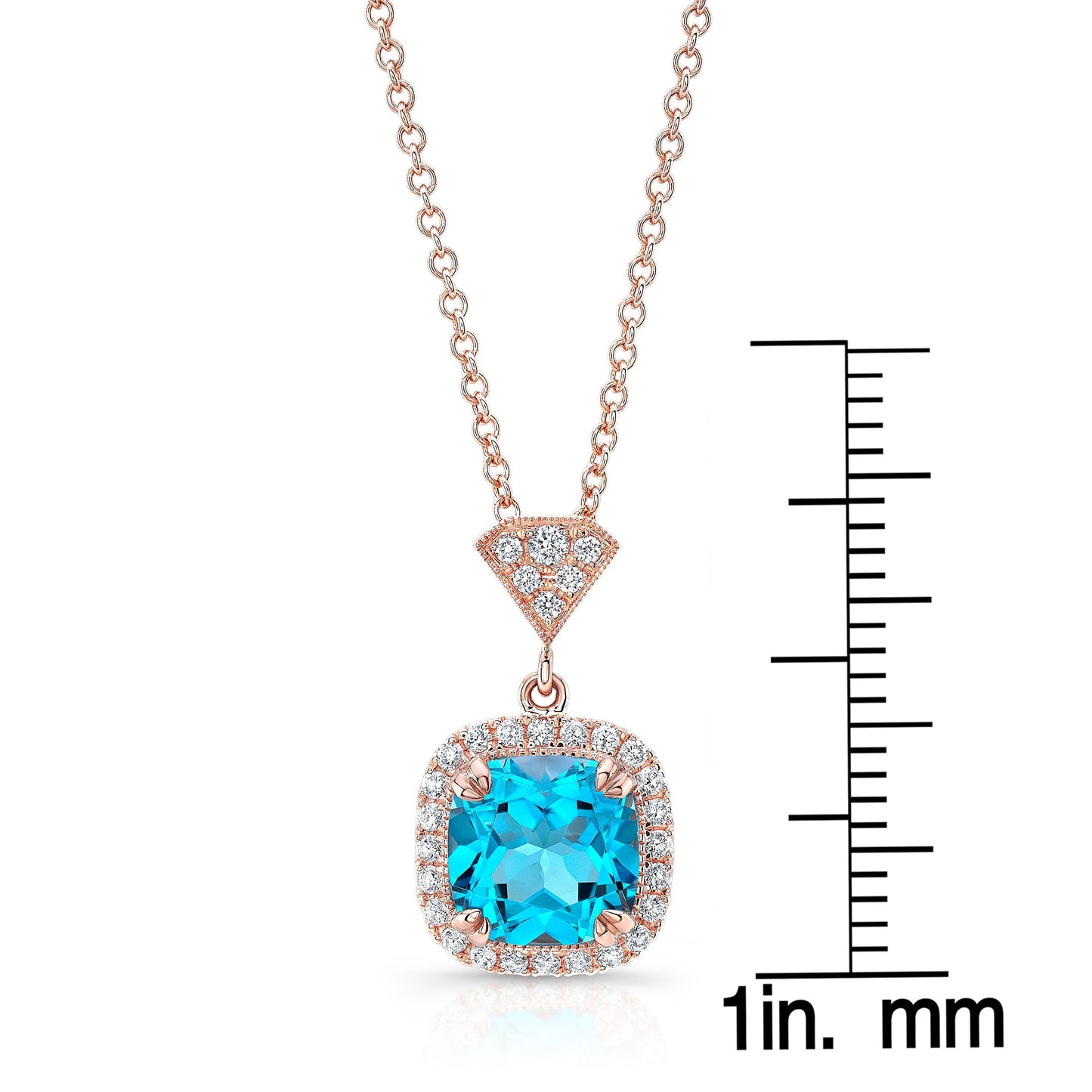 จี้ทรงหมอนบลูโทแพซและฮาโลเพชรในทองกุหลาบ 14k