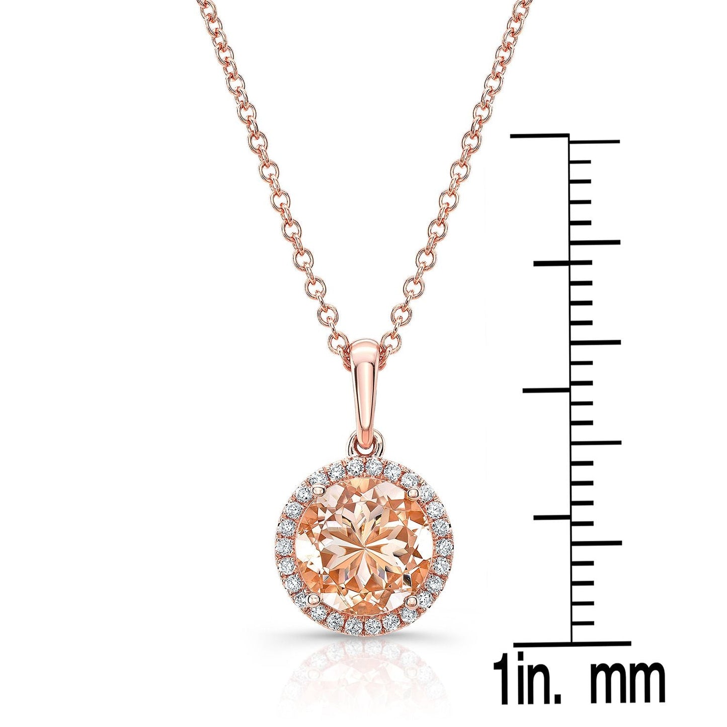 Morganite Round Brilliant Halo Pendant in 14K Rose Gold – front view | RockHer