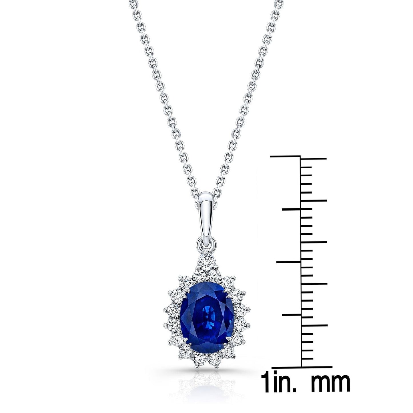 Sapphire Oval And Diamond Halo Frame Pendant In 14k White Gold (8x6mm)