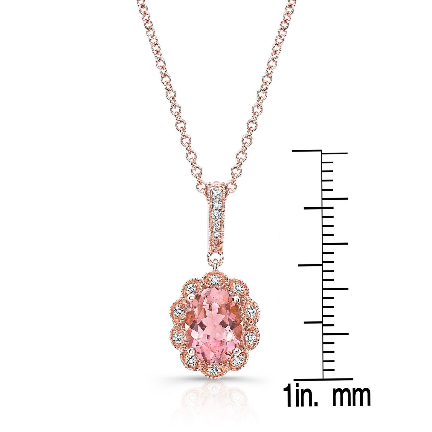 Oval Pink Tourmaline And Diamond Halo Pendant in 14K Yellow Gold (8x6mm), in 14K Rose Gold – front view | RockHer