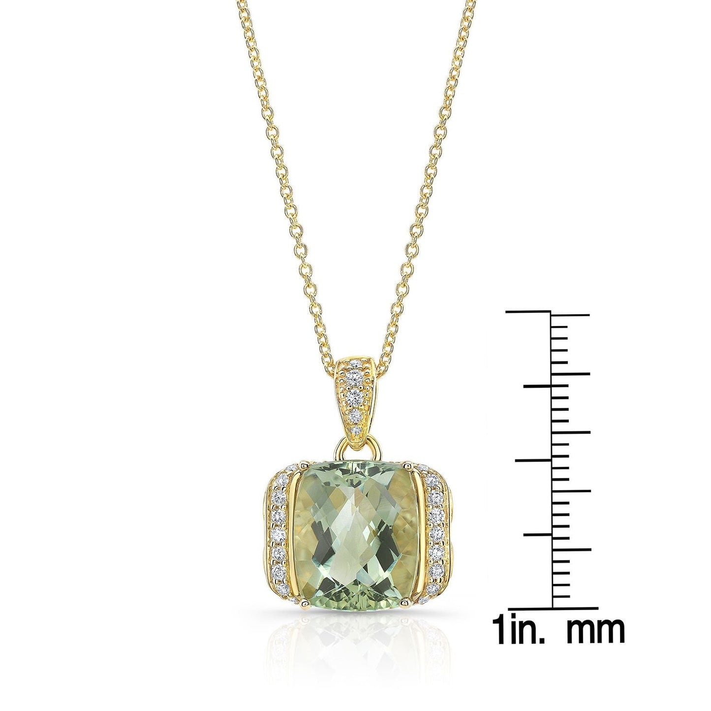Green Quartz Cushion Halo Pendant in 14K Yellow Gold – front view | RockHer