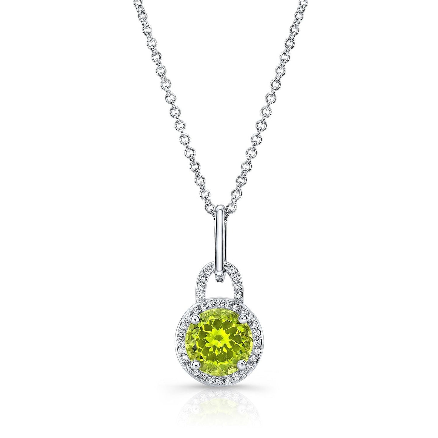 Peridot And Diamond Round Halo Doorknocker Dangle Pendant In 14kw White Gold (7mm), 17-inch Chain