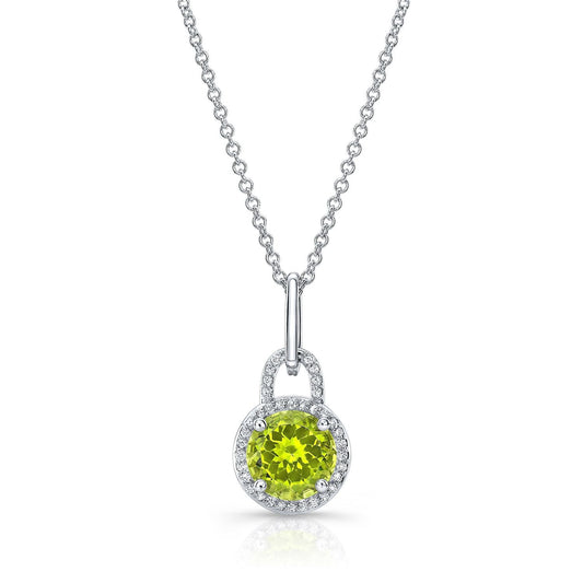 Peridot And Diamond Round Halo Doorknocker Dangle Pendant In 14kw White Gold (7mm), 17-inch Chain