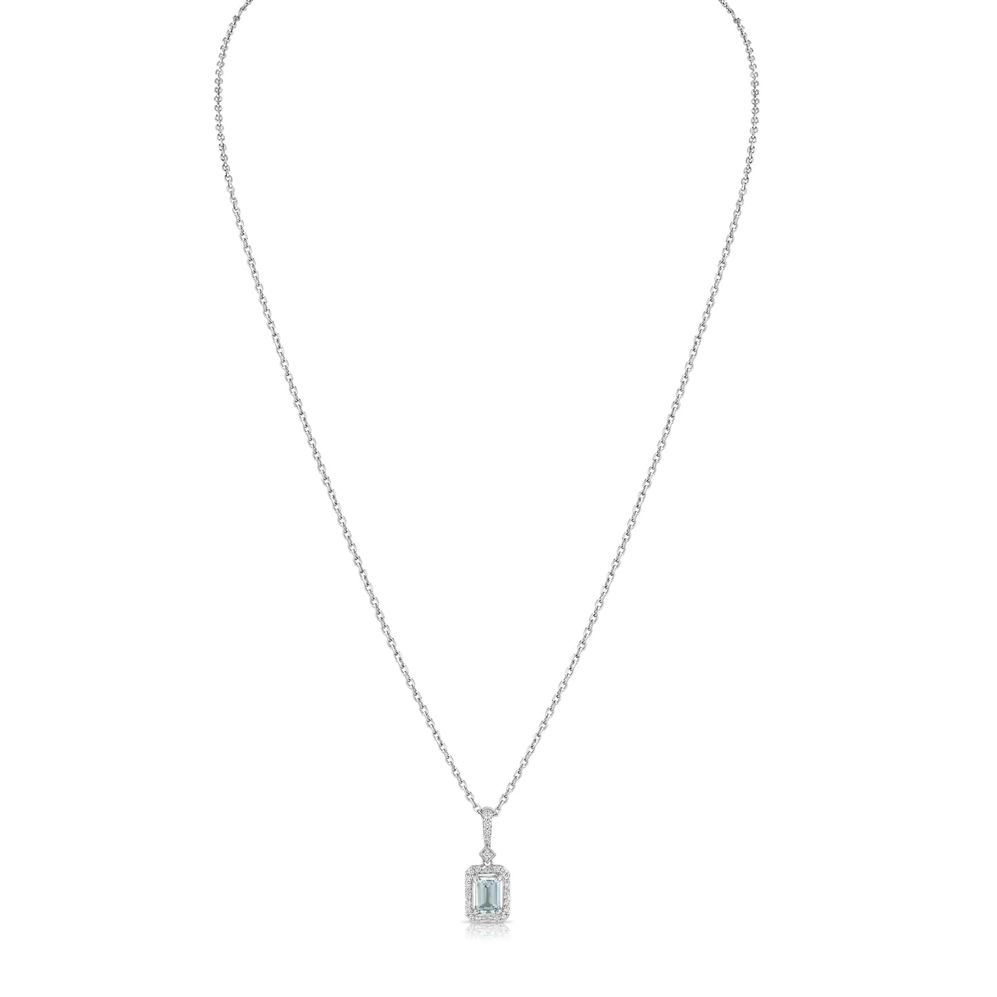 Aquamarine Emerald Cut Halo Pendant in 14k White Gold 0.15ctw – lifestyle shot | RockHer