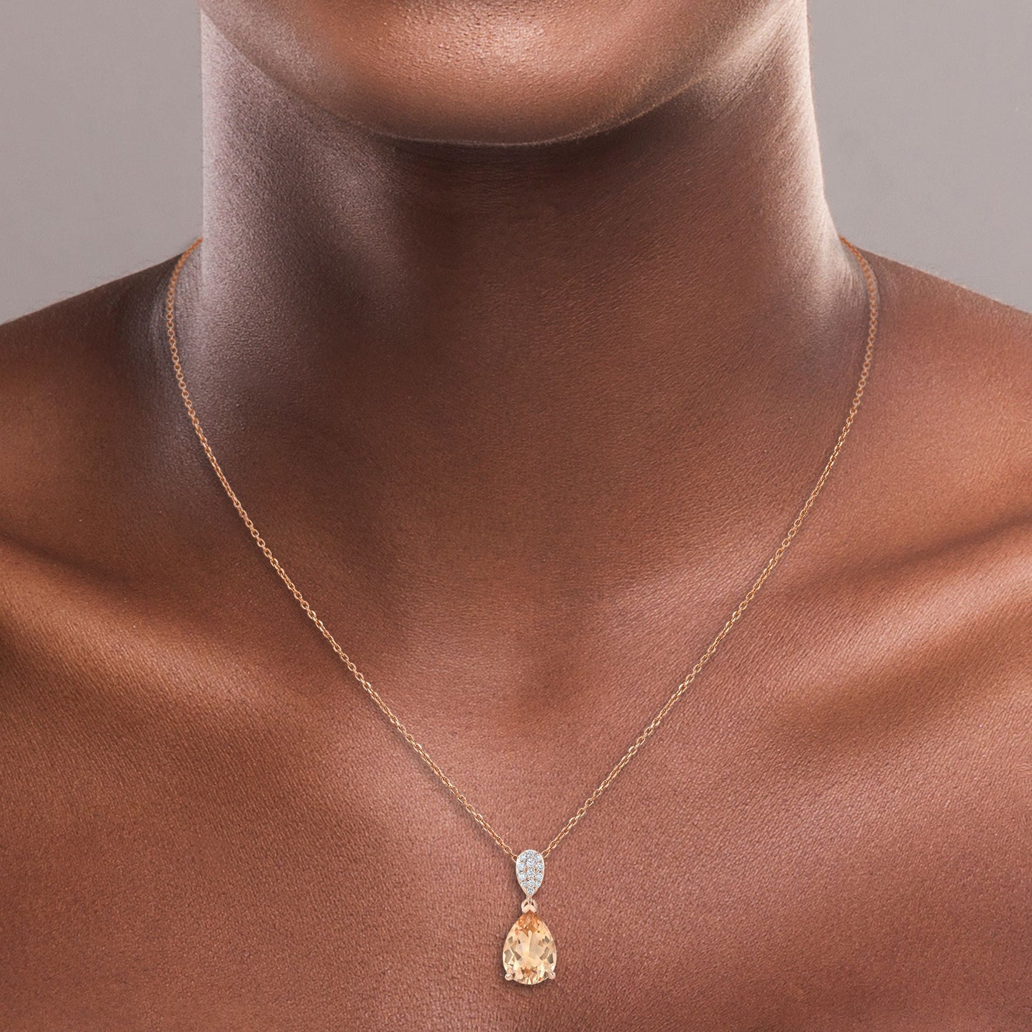 Morganite Pear Shape Pendant in 14K Rose Gold – lifestyle shot | RockHer