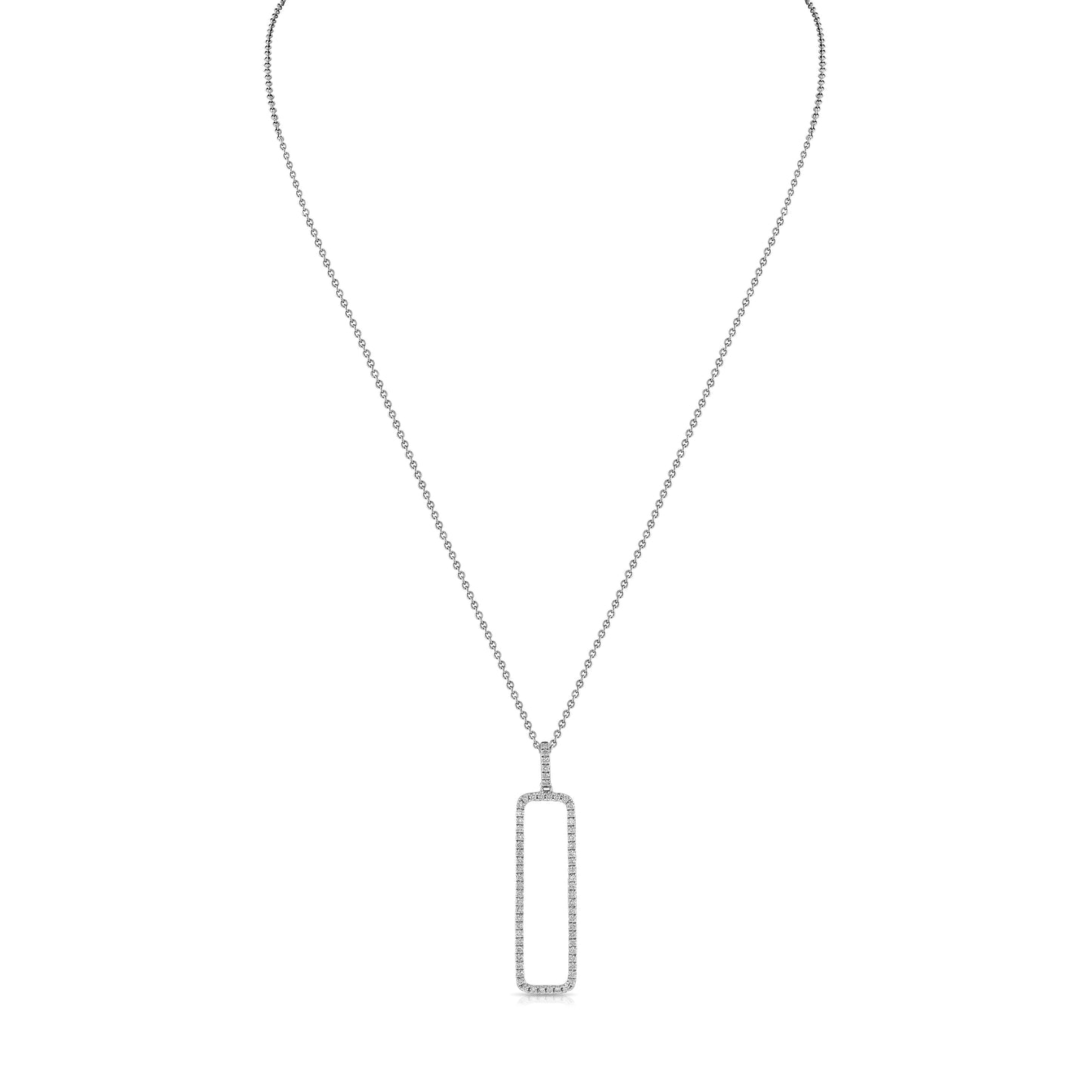 Diamond Open Rectangle Necklace In 14k White Gold 0.42ctw, 18 Inch Rolo Chain – detail view | RockHer