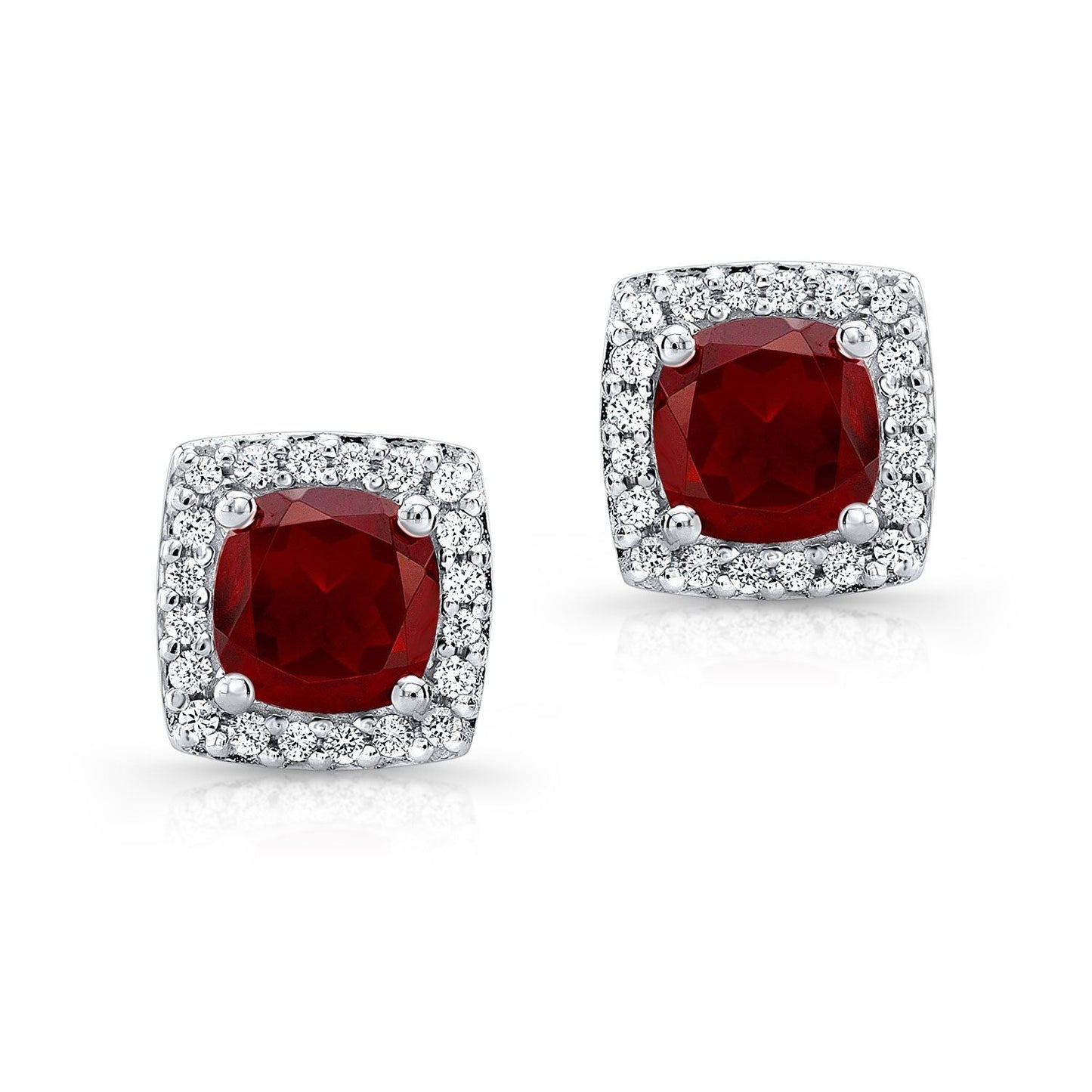 Garnet And Diamond Cushion Halo Earrings In 14k White Gold