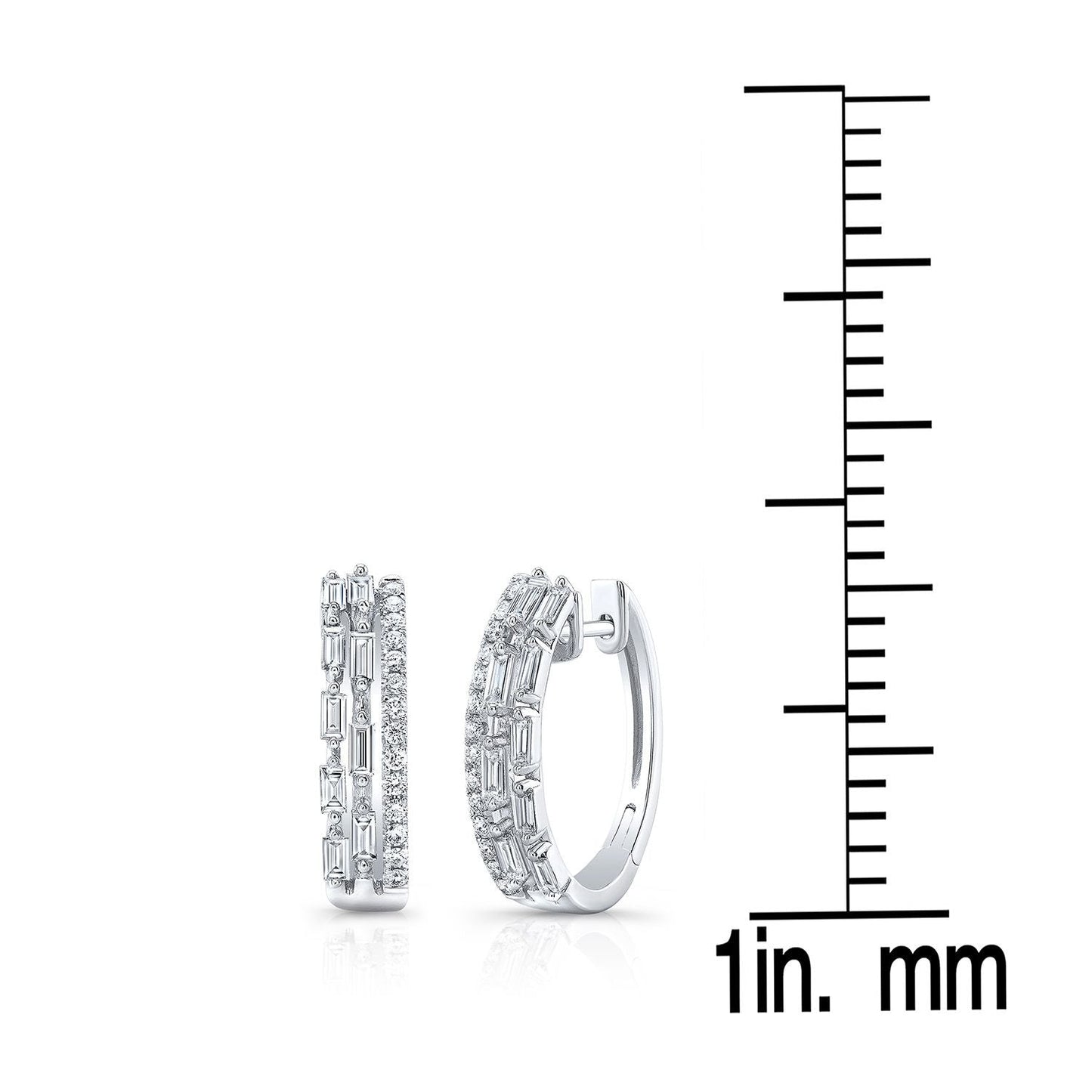 Diamond Baguette And Round Brilliant Multi-row Oval Hinged Hoop Earring in 14K White Gold – scale reference | RockHer