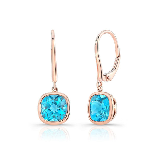 Blue Topaz Cushion Bezel Dangle Earrings With Fine High-polish Leverbacks In 14k Rose Gold (7mm)