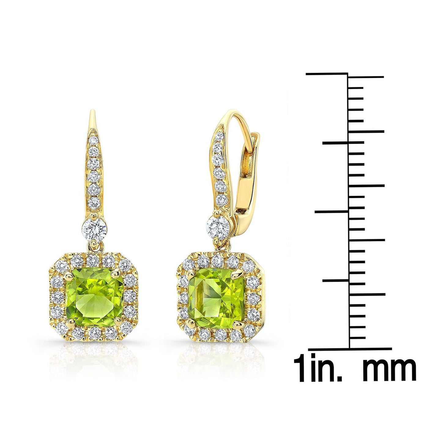 Peridot And Diamond Cushion Dangle Earrings With Pave Tops In 14k Yellow Gold (6mm) – scale reference | RockHer