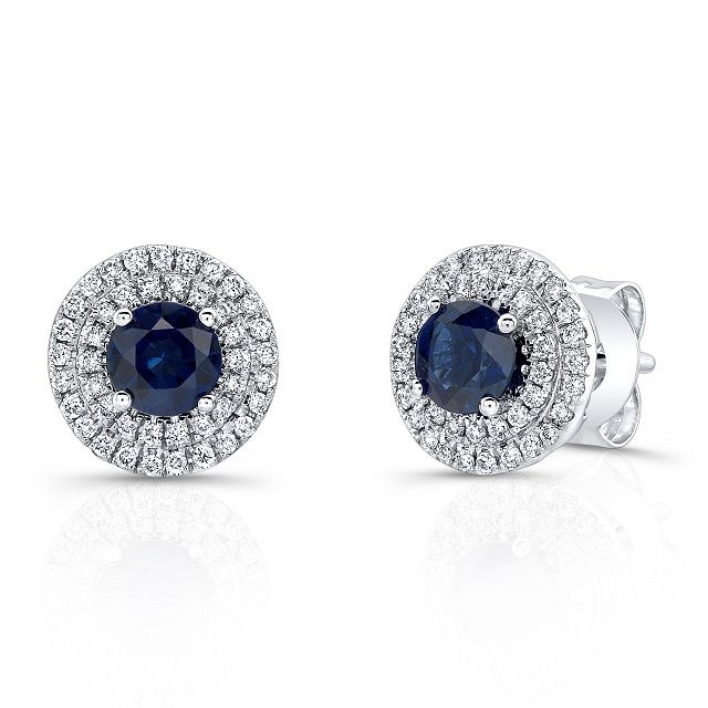 Sapphire And Diamond Double Halo Earrings In 14k White Gold (1/4 Ctw) | RockHer