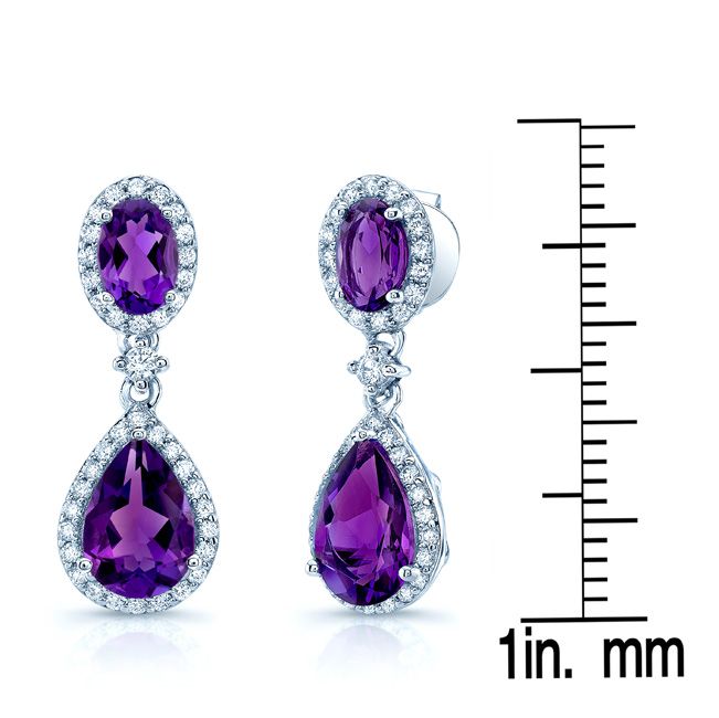 Amethyst And Diamond Pave Dangle Earrings in 14K White Gold – scale reference | RockHer