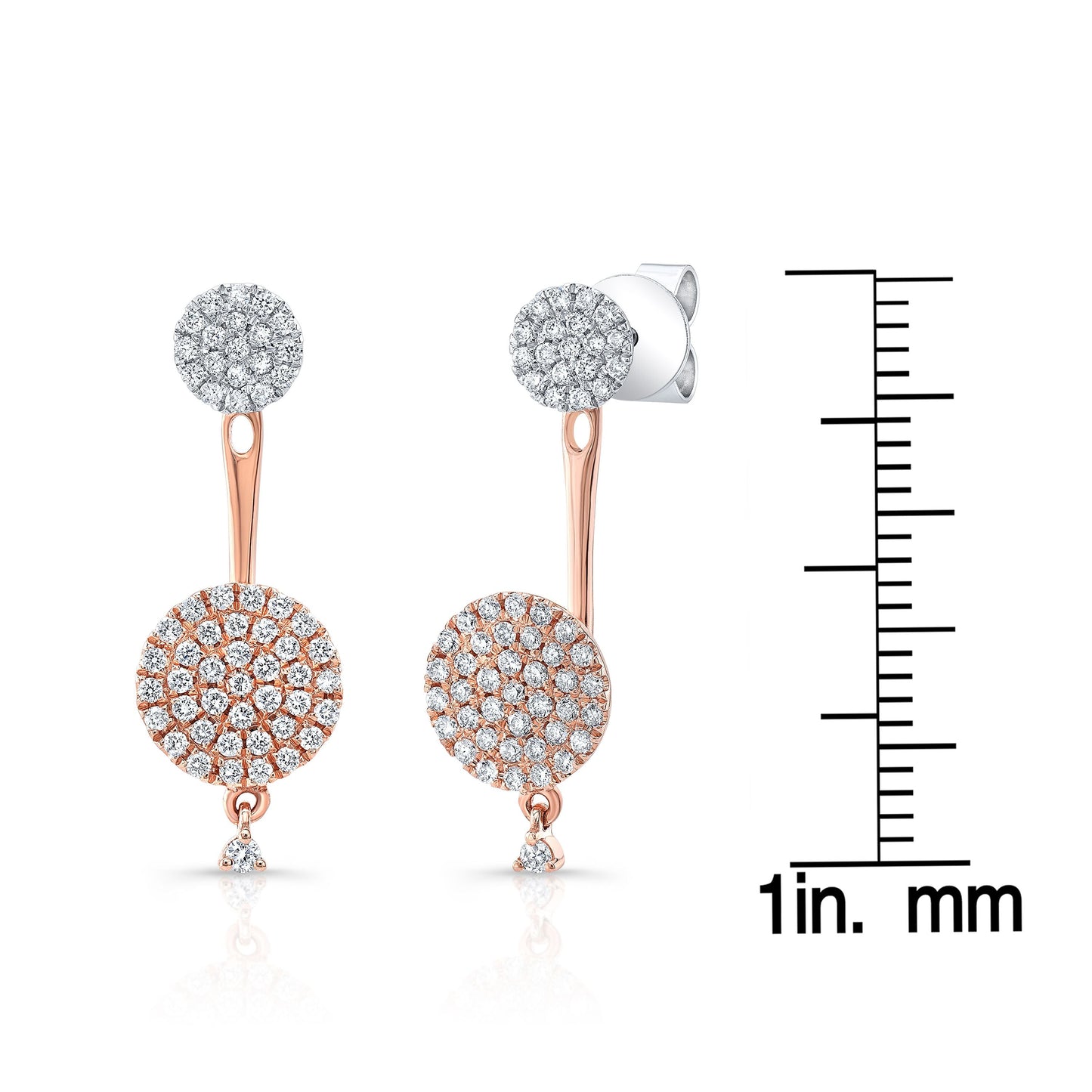 Diamond Pave Disk Duo Earring in 14K Two Tone Gold, in 14K Rose Gold – scale reference | RockHer