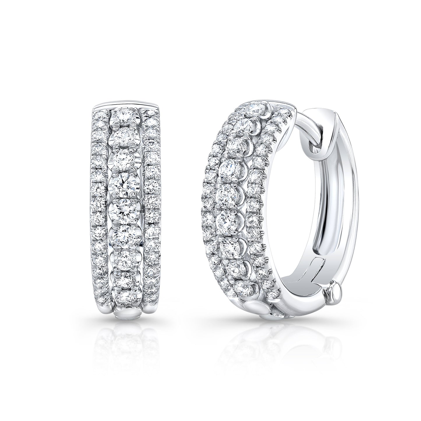Diamond Hinged Back Huggie Hoop Earrings in 14k White Gold 0.42ctw – detail view | RockHer