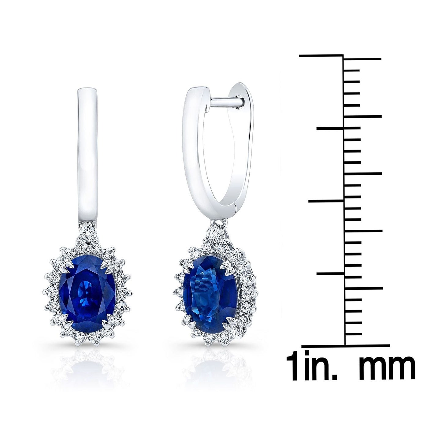 Sapphire Oval And Diamond Starburst Frame Earrings in 14K White Gold – scale reference | RockHer