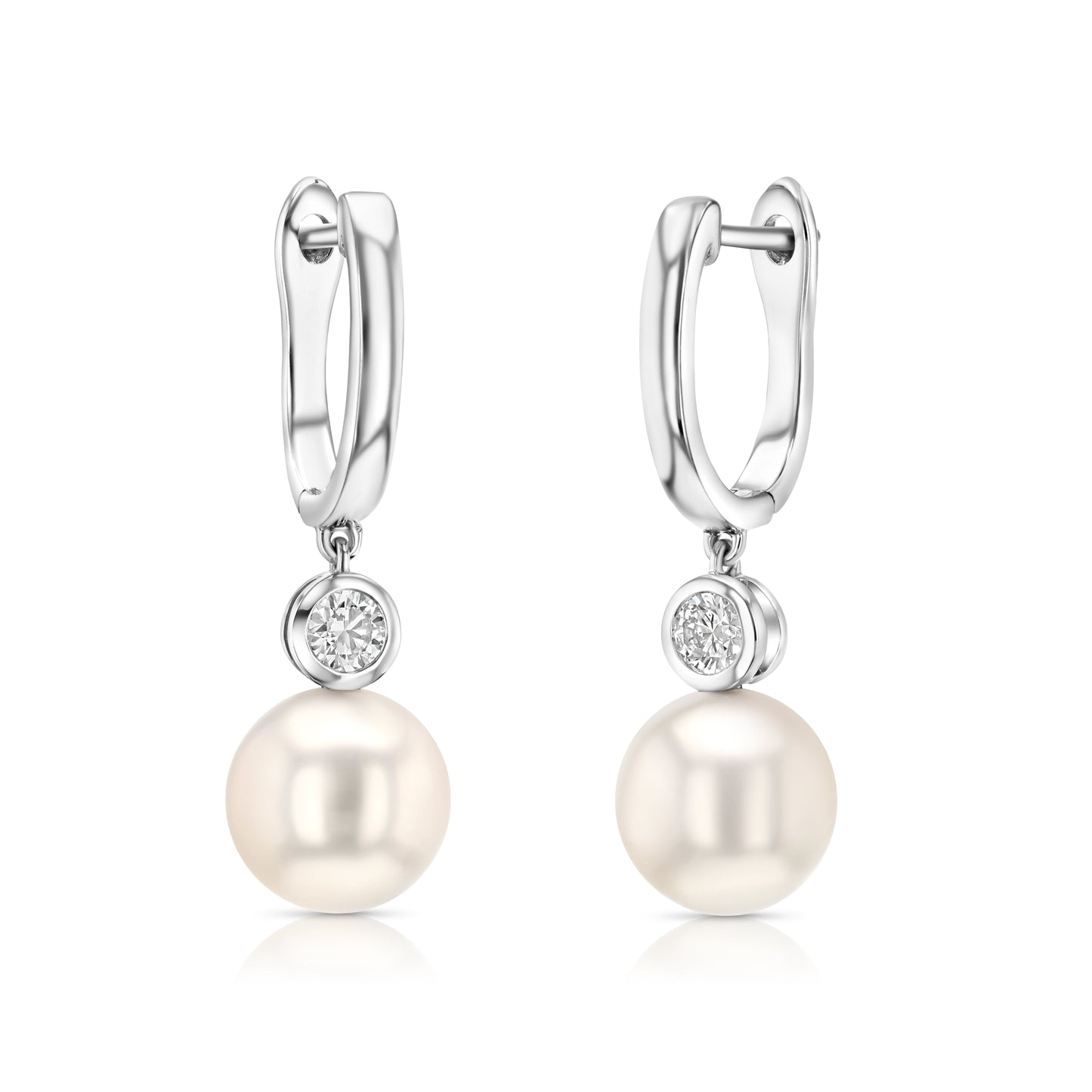 Akoya Pearl and Bezel Diamond Earrings in 14k White Gold 0.20ctw – angled view | RockHer