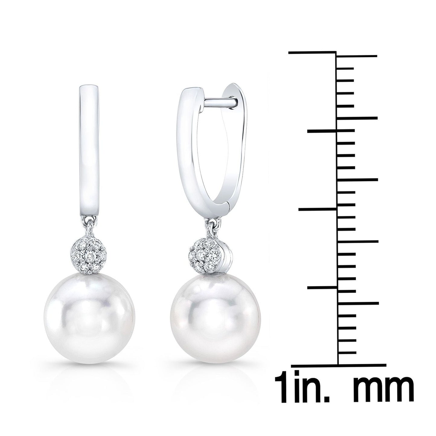 Pearl And Diamond Pave Disk Dangle Earring in 14K White Gold – scale reference | RockHer