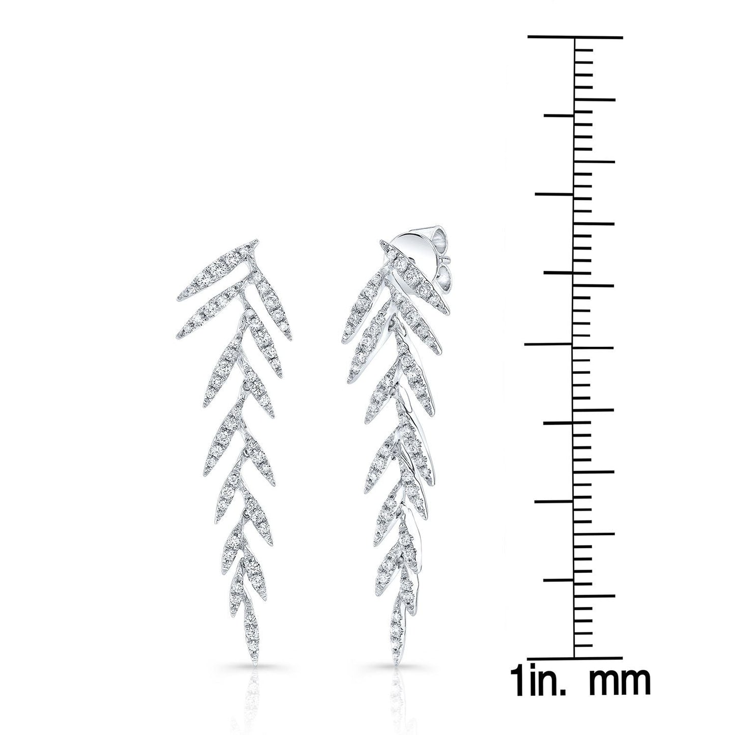 Diamond Pave Laurel Leaves Dangling Earrings in 14K White Gold – scale reference | RockHer