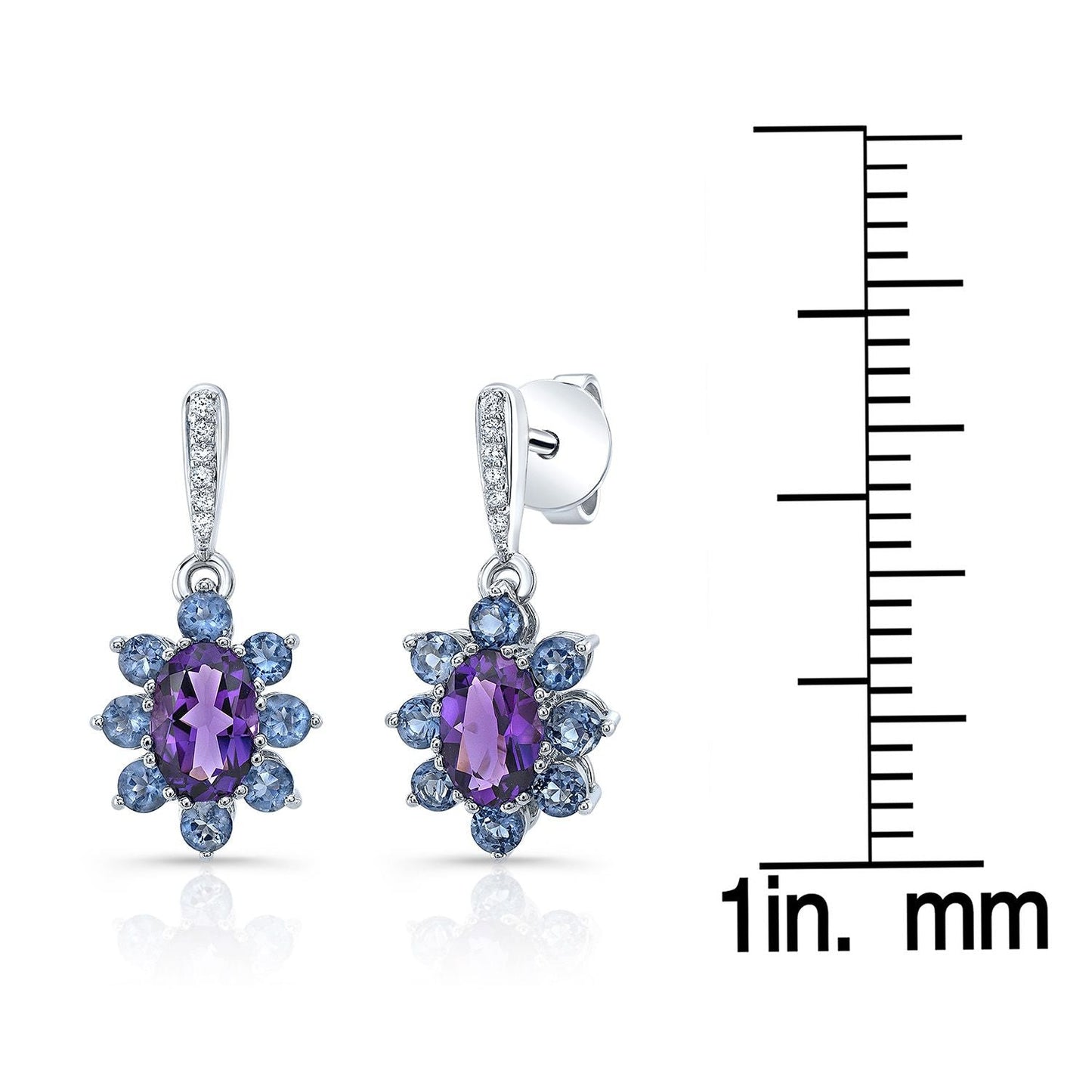 Amethyst, Iolite And Diamond Floral Drop Earrings in 14K White Gold – scale reference | RockHer