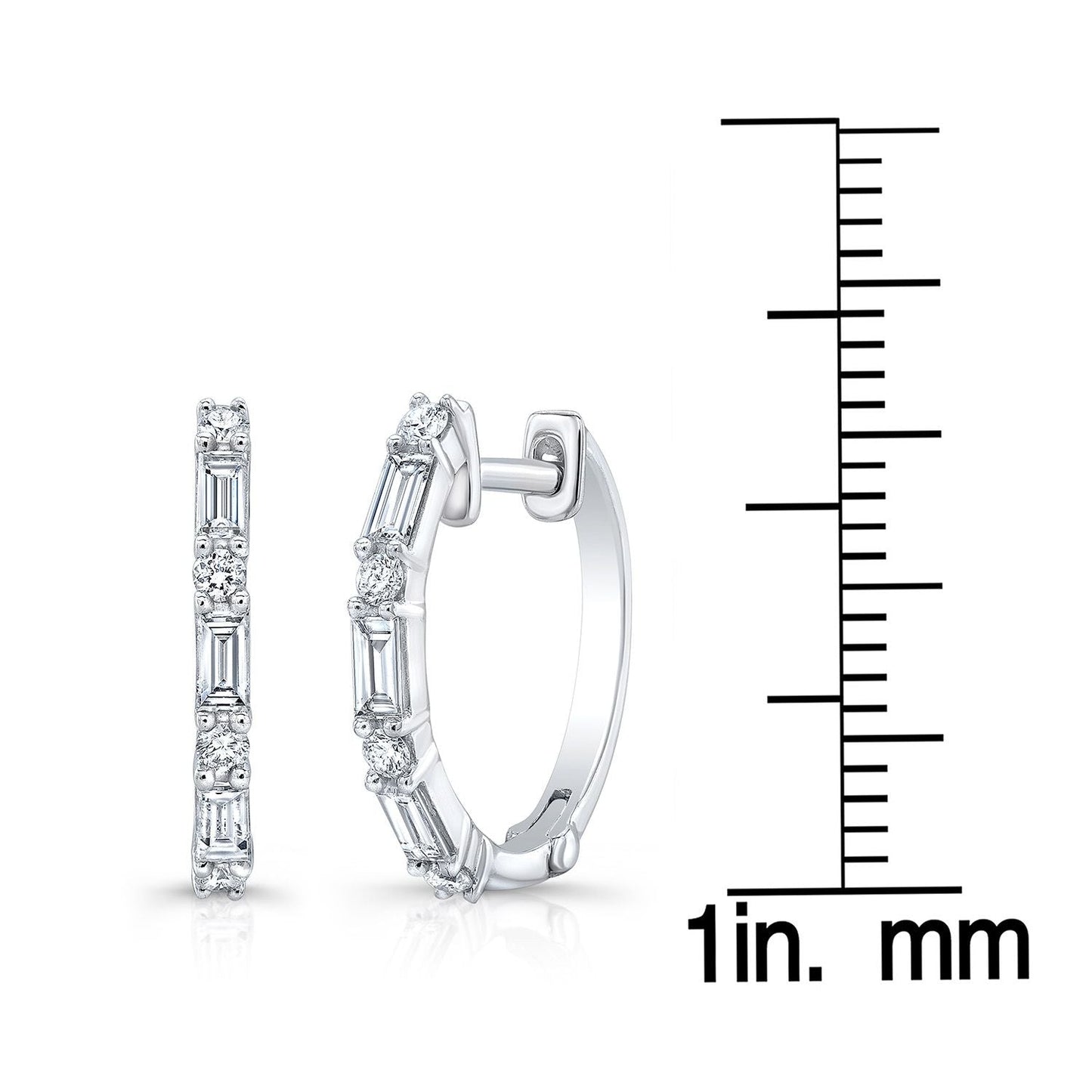 Diamond Baguette And Round Hoop Earrings in 14K White Gold – scale reference | RockHer