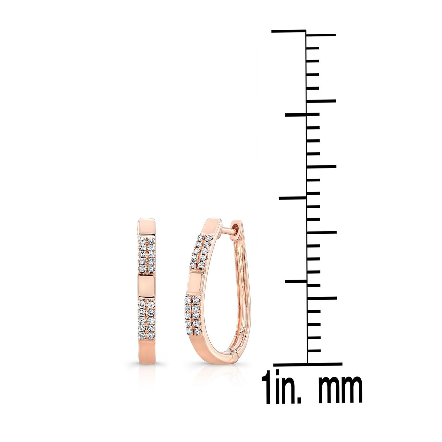 Diamond Pave Linear Oval Hoop Earrings With High Polish Accent in 14K Rose Gold – scale reference | RockHer