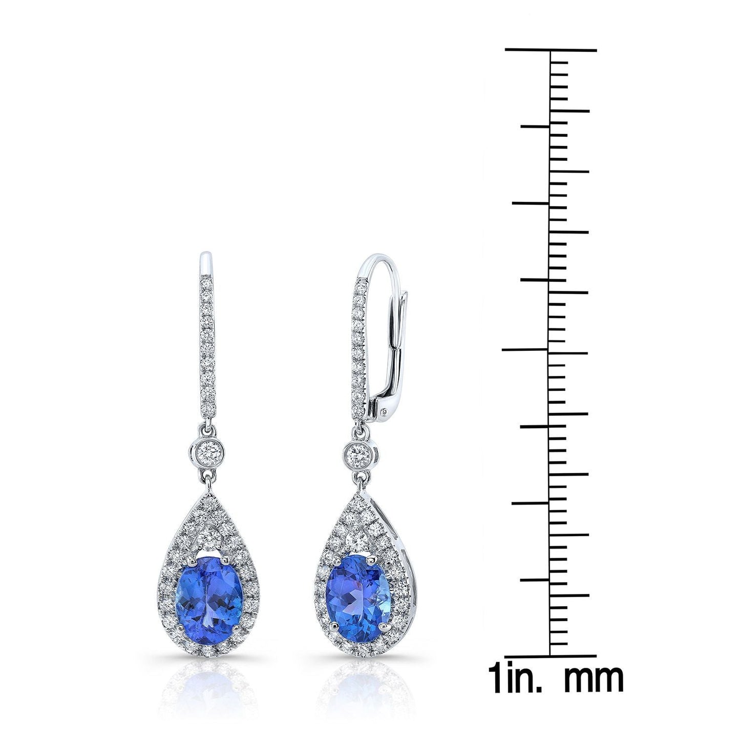 Tanzanite And Diamond Pave Drop Earrings in 14K White Gold – scale reference | RockHer
