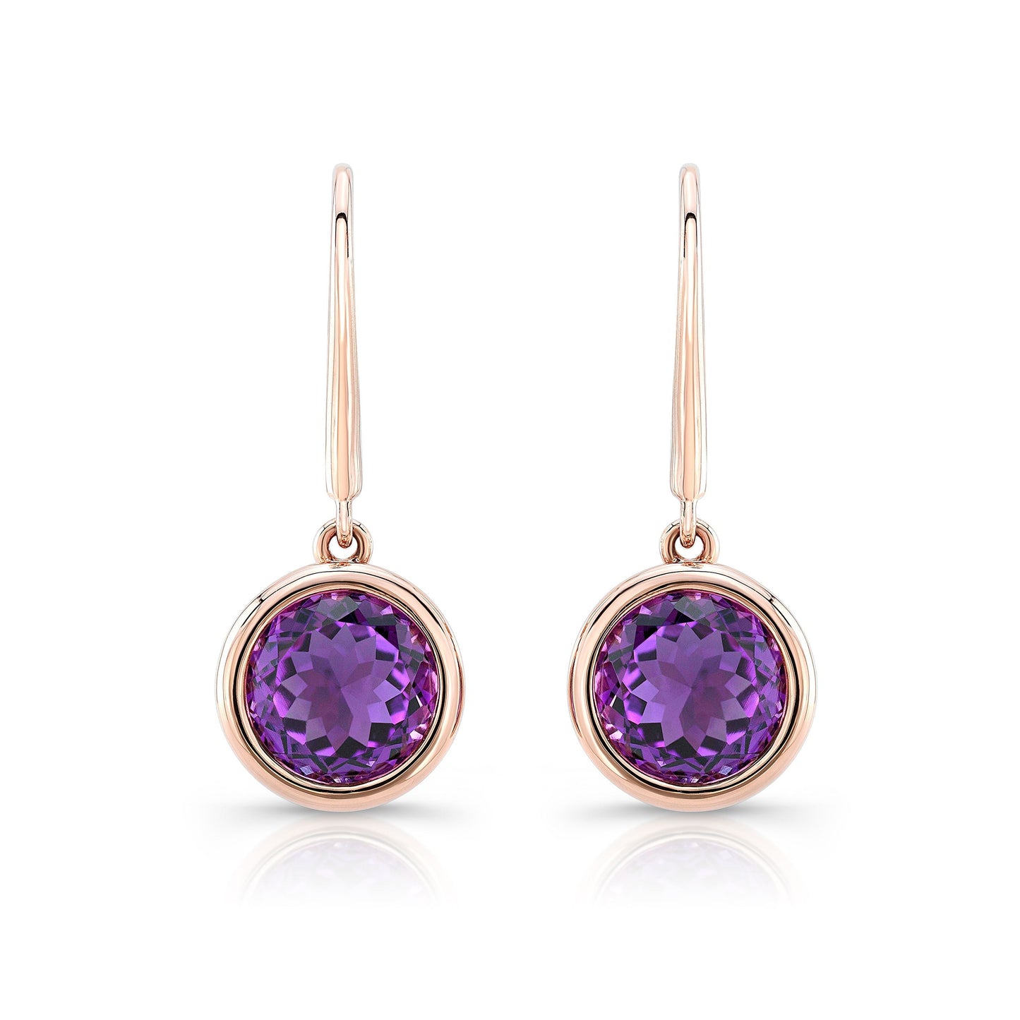 Amethyst Round Bezel Drop Earrings With Leverbacks in 14K Rose Gold – front view | RockHer