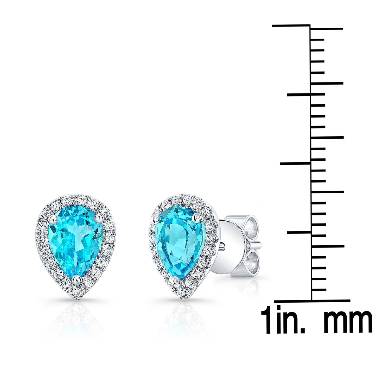 Swiss Blue Topaz Round Brilliant Stud Earrings in 14K White Gold – scale reference | RockHer