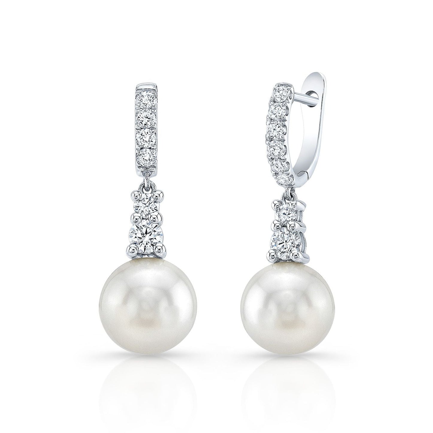White Pearl And Diamond Dangle Earrings With Prong-set Tops And Hinged Post Backs in 14K White Gold (8.0-8.5mm) (si) | RockHer
