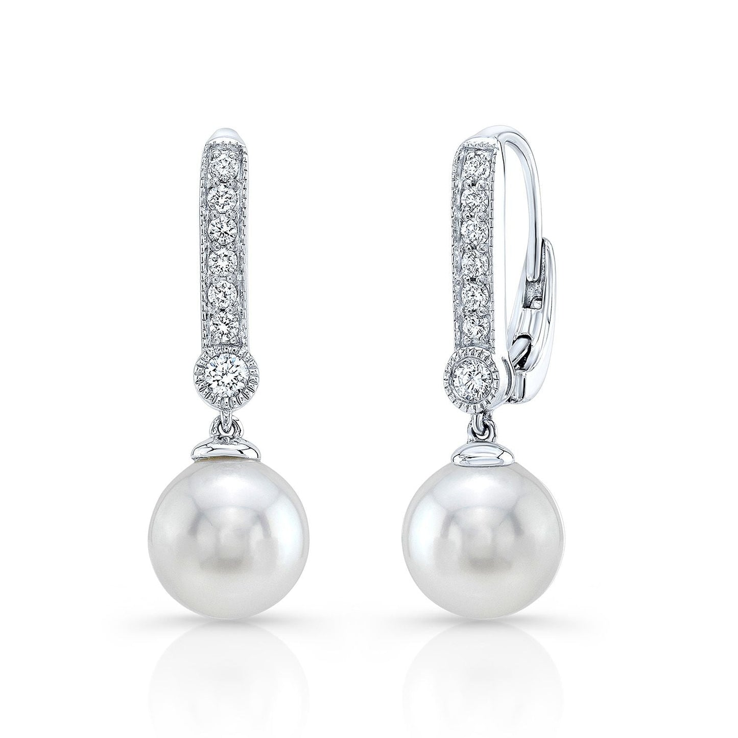 Cultured Pearl And Diamond Straight Dangle Earrings With Prong Set Tops And Bezel Accent in 14K White Gold (8.0-8.5mm) (si) | RockHer