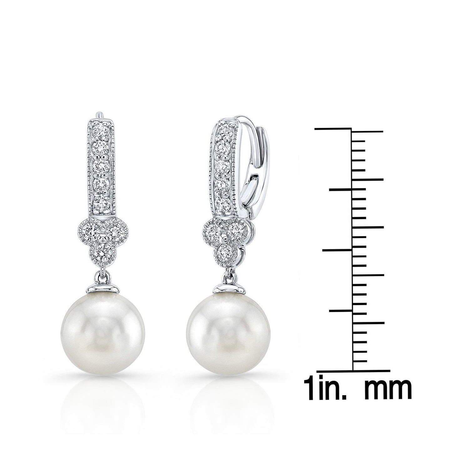 White Pearl And Diamond Dangle Earrings With Clover Top & Miillgrain Detail (8.0-8.5mm) (si), in 14K White Gold – scale reference | RockHer