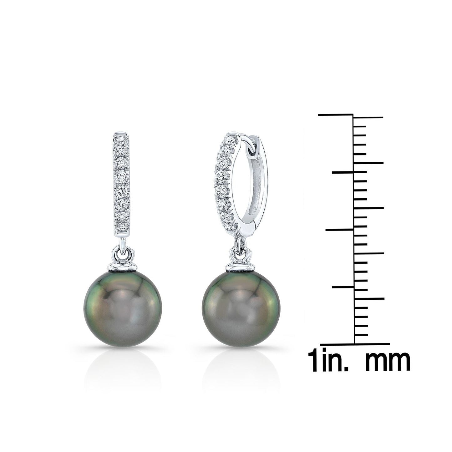 Black Pearl And Diamond Straight Dangle Earrings With Huggie Closures in 14K White Gold (8.0-8.5mm) (si) – scale reference | RockHer