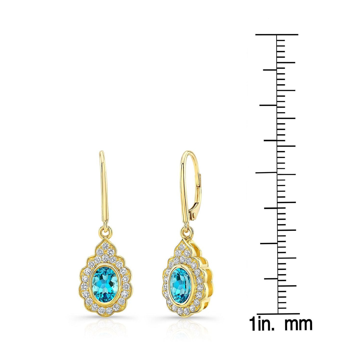 Blue Topaz And Diamond Oval Bezel Leverback Earrings With Teardrop Scallop Frame in 14K Yellow Gold – scale reference | RockHer