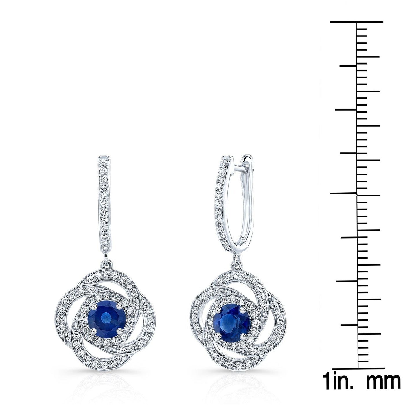 Sapphire And Diamond Round Dangle Earrings With Pave Love Knot Frame In 14k White Gold (5.5mm)