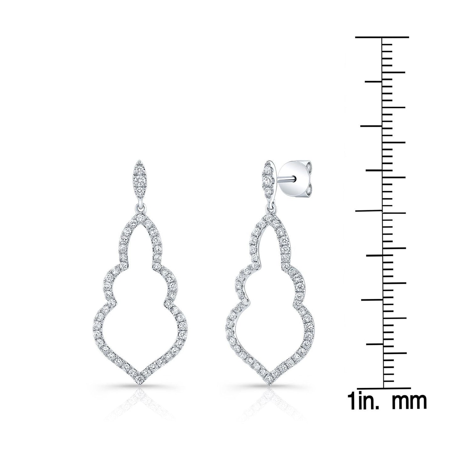 Diamond Open Damask Dangle Earrings in 14K White Gold – scale reference | RockHer