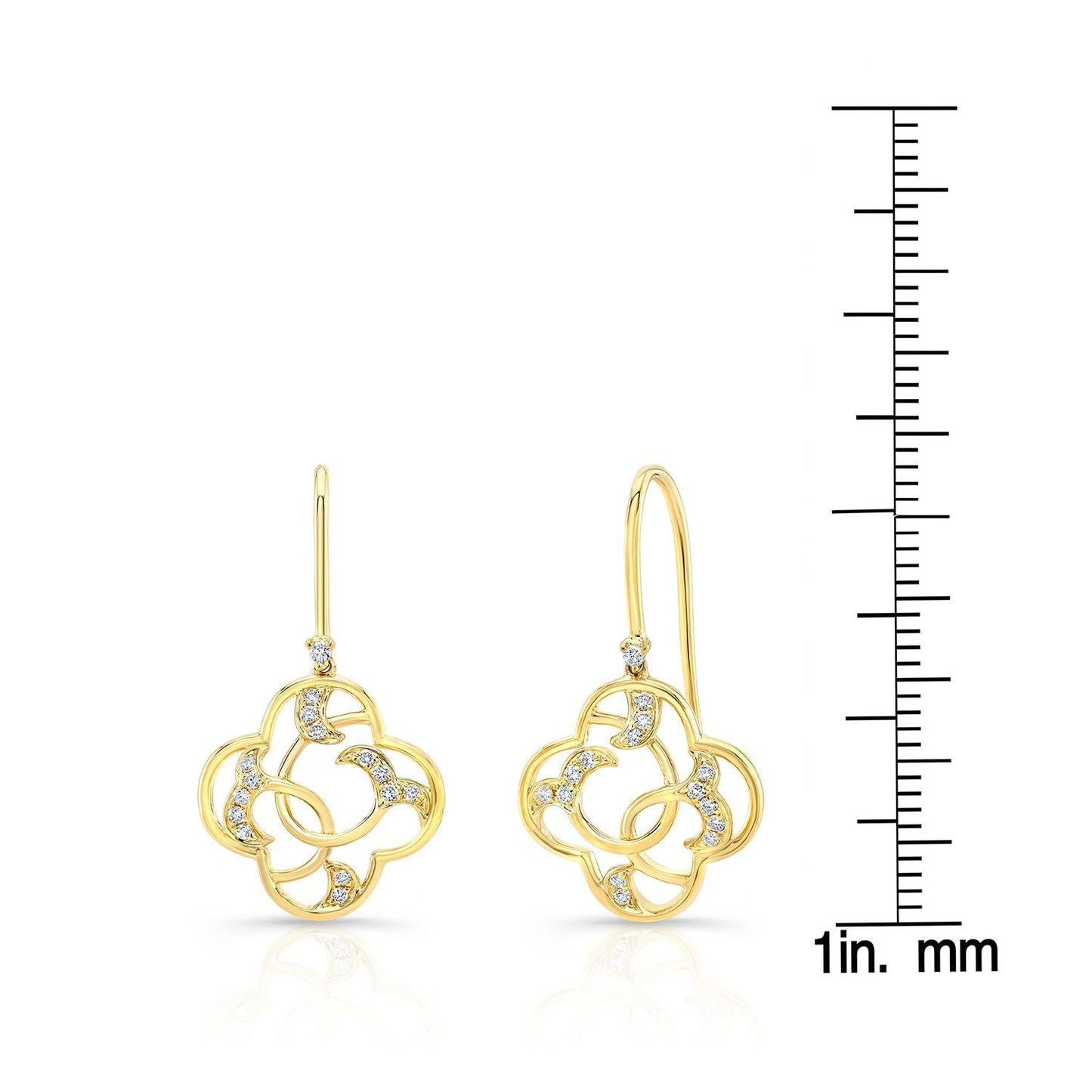 Diamond Open Clover Dangle Earrings With Twine Design And French Wire Backs in 14K Yellow Gold – scale reference | RockHer