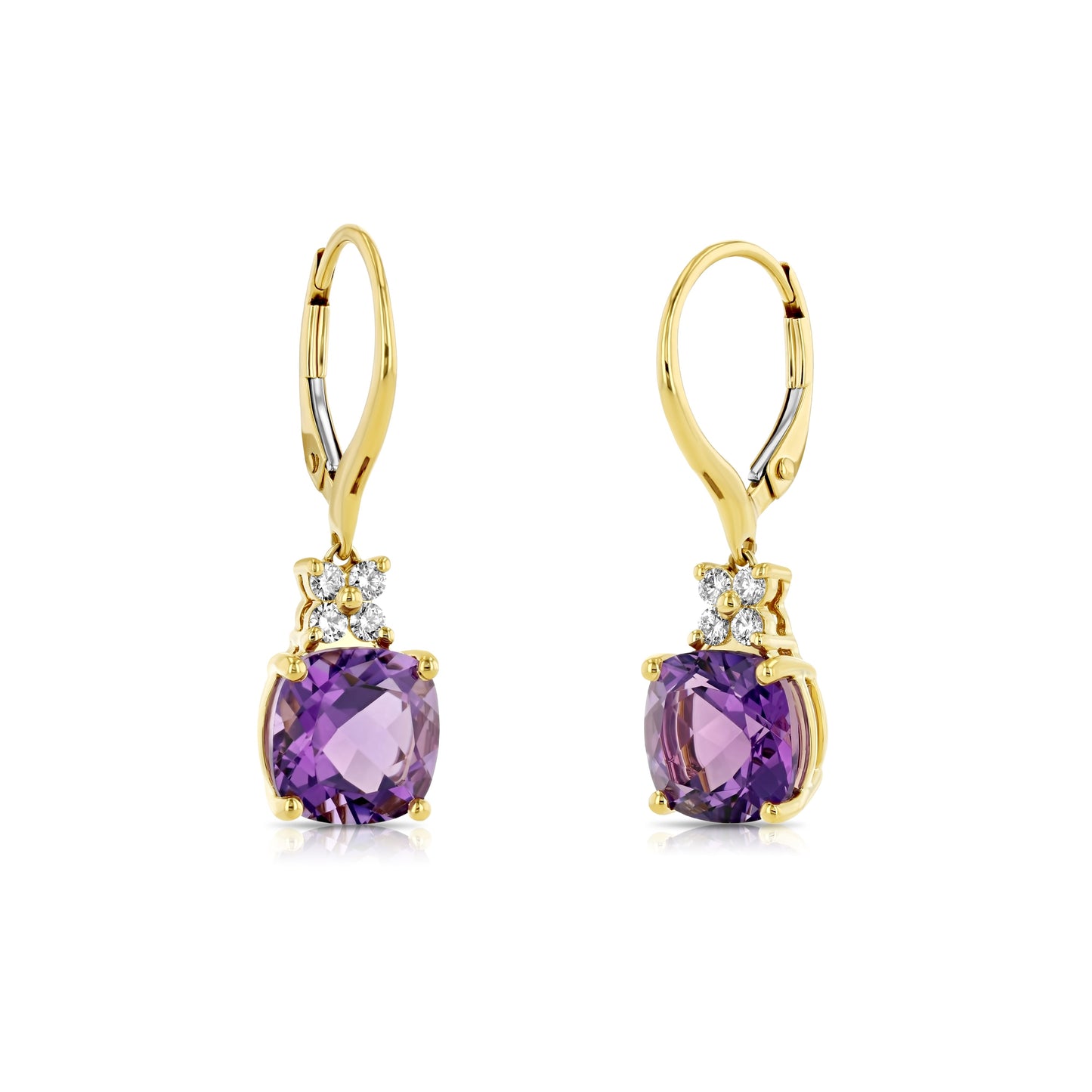 Cushion Amethyst and Diamond Leverback Earrings in 14k Yellow Gold 0.16ctw – lifestyle shot | RockHer