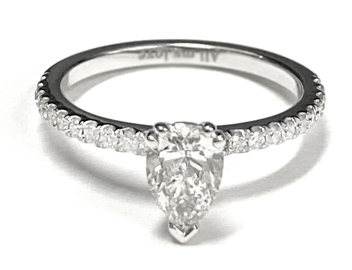 14K White Gold Pear Shape Center Diamond Simple French Pave Double Claw Prong Engagement Ring -1/6ctw