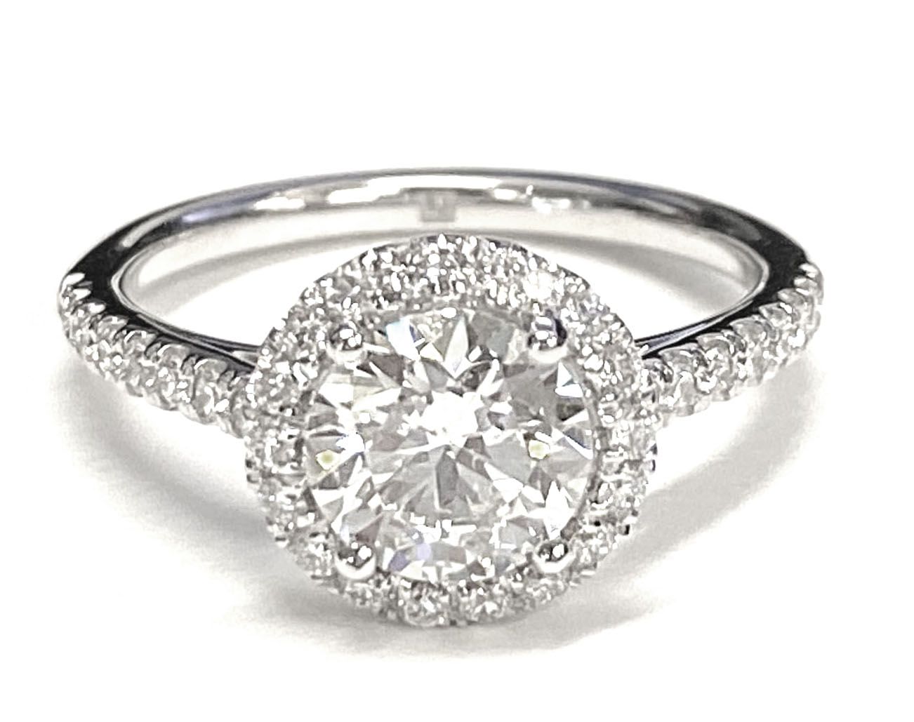 Round Brilliant, Petite French Pavé Halo, in Platinum, pave setting – lifestyle shot | RockHer