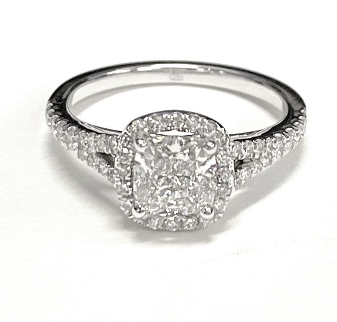 Scroll Gallery Split Shank Halo Cushion, in 18K White Gold, pave setting – lifestyle shot | RockHer