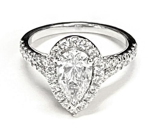 Petite Split Shank Halo Pear Shape, in 14K Rose Gold, pave setting – lifestyle shot | RockHer