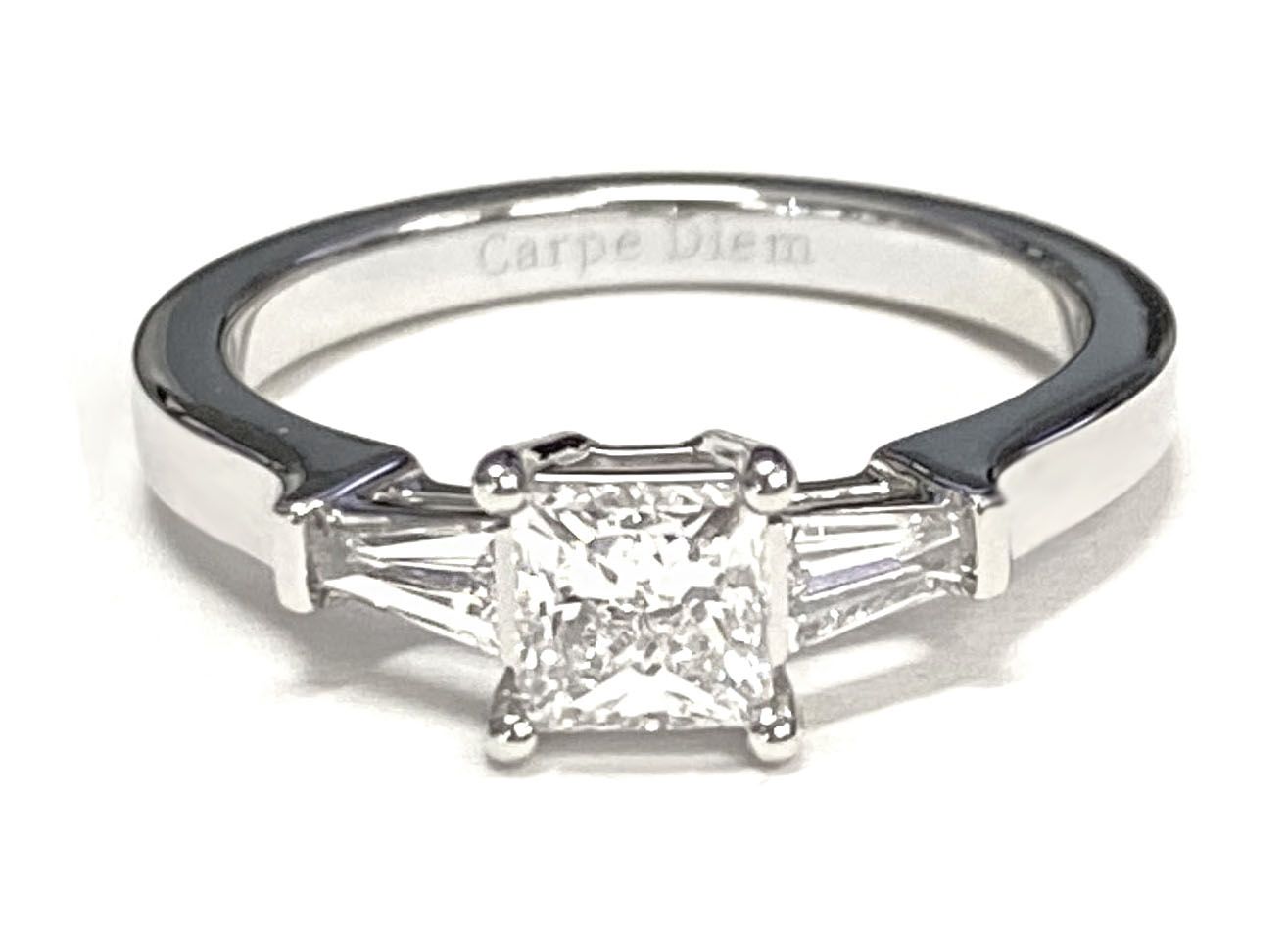Tapered Baguette Three Stone Princess, in 18K White Gold, channel setting – lifestyle shot | RockHer